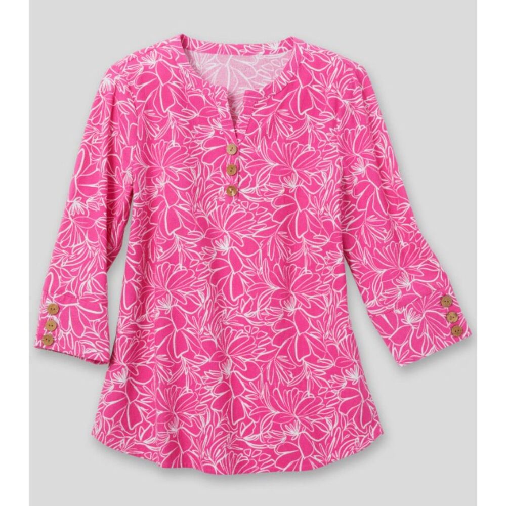NEW NWT Bright Pink Floral Tropical Sz Medium Textured Cotton Shirt APPLESEEDS